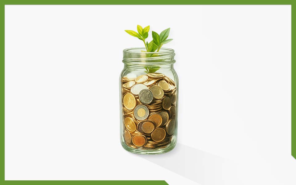  Sustainable and Responsible Investment (SRI) - Glas mit M&uuml;nzen aus denen eine Pflanze w&auml;chst