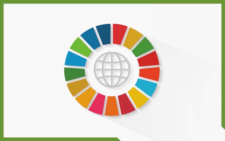  Sustainable Development Goals (SDG) - Symbolbild: Kreis mit 17 Farben und Globus-Icon in der Mitte