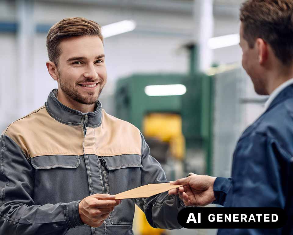  Mann in Arbeitskleidung bekommt Umschlag überreicht (KI-generiert)