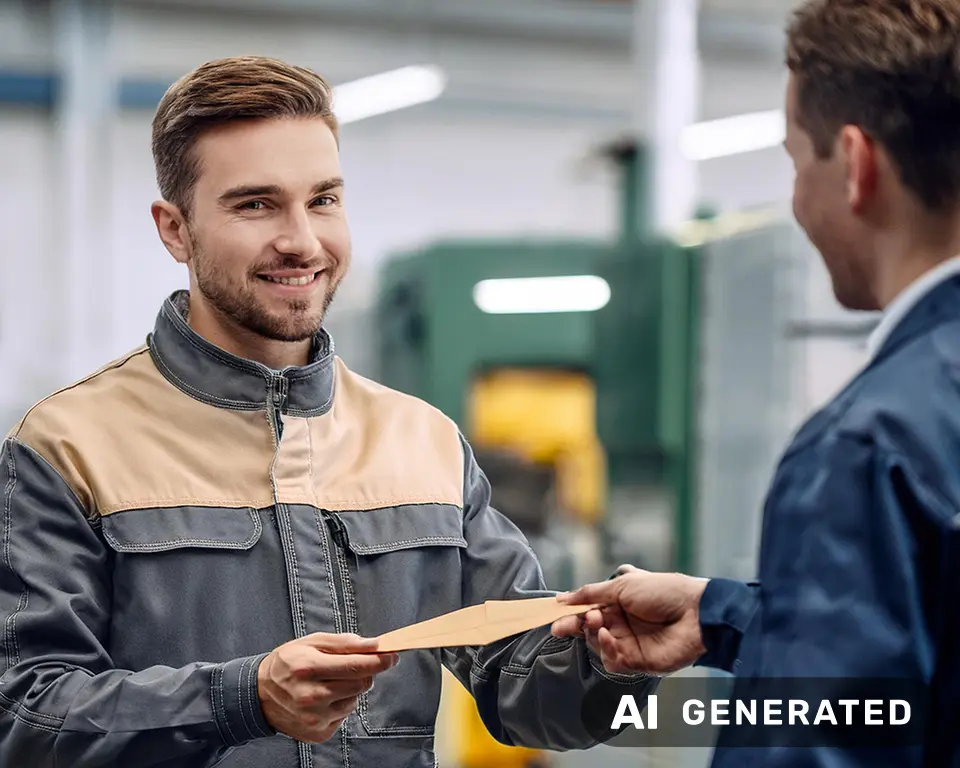  Mann in Arbeitskleidung bekommt Umschlag überreicht (KI-generiert)
