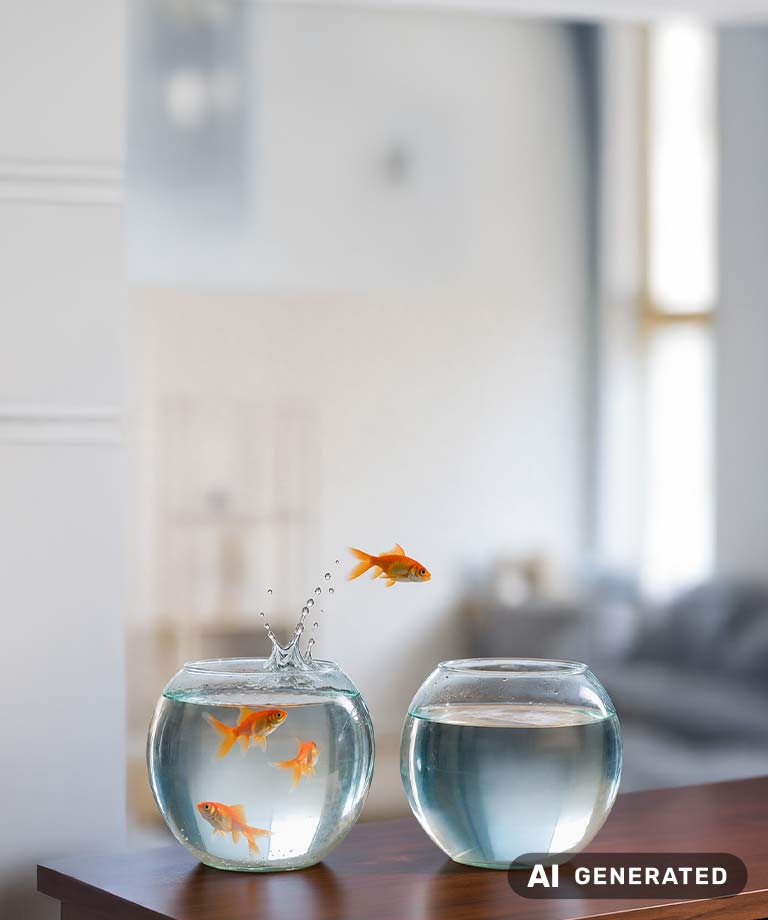 Goldfisch springt von einem Wasserglas in ein anderes. (KI-generiertes Bild)