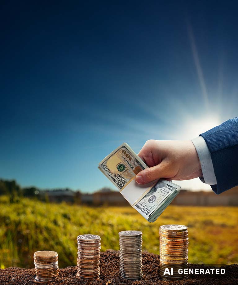 Hand mit Geldbündel über Erde mit Münzstapeln (KI-generiertes Bild)