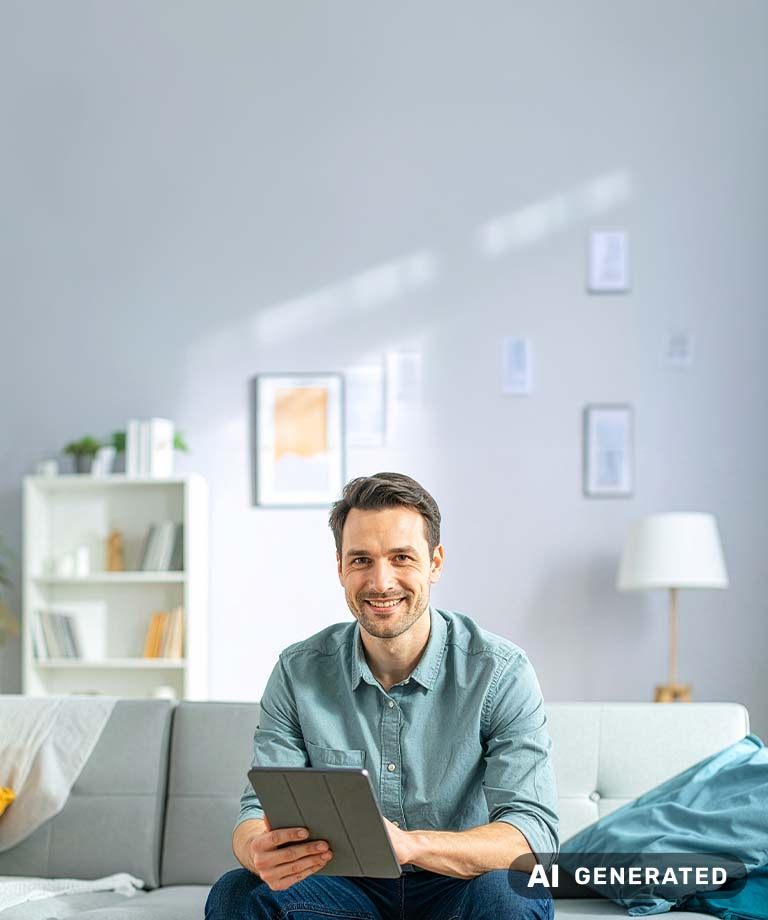 Lächelnder Mann mit Tablet in der Hand (KI-generiertes Bild)