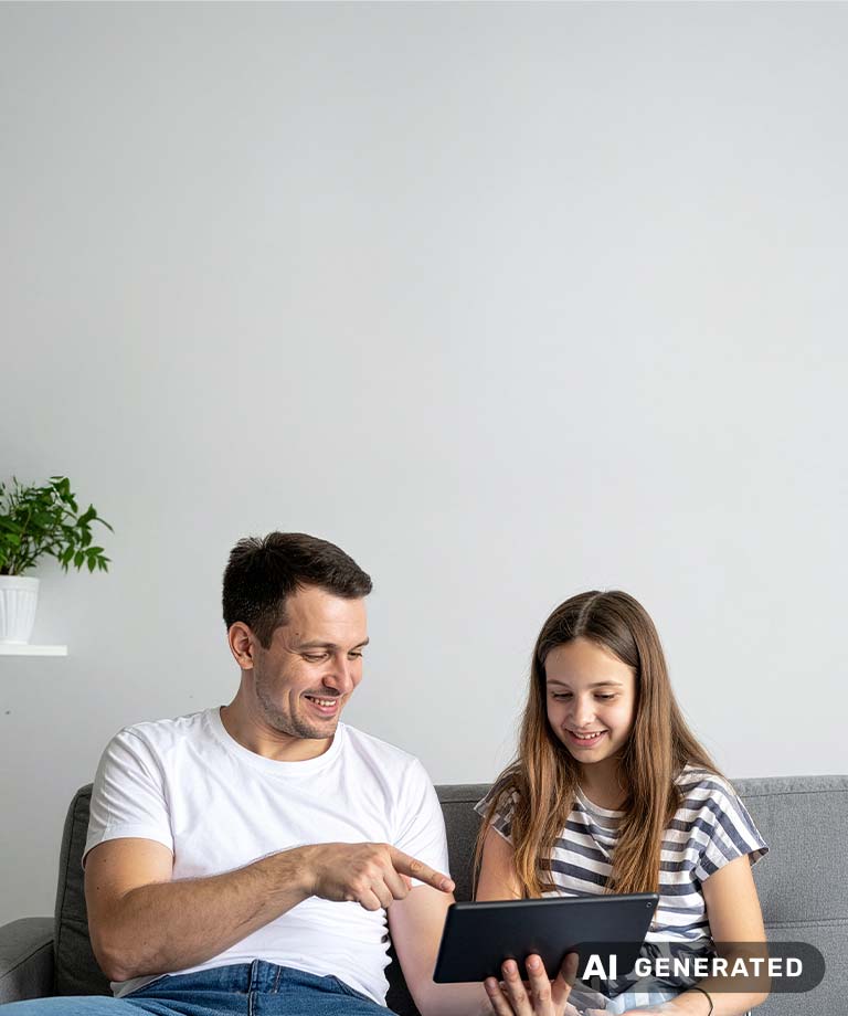 Vater und Tochter betrachten gemeinsam ein Tablet. Der Vater zeigt auf den Bildschirm, während die Tochter lächelt. (KI-generiertes Bild)