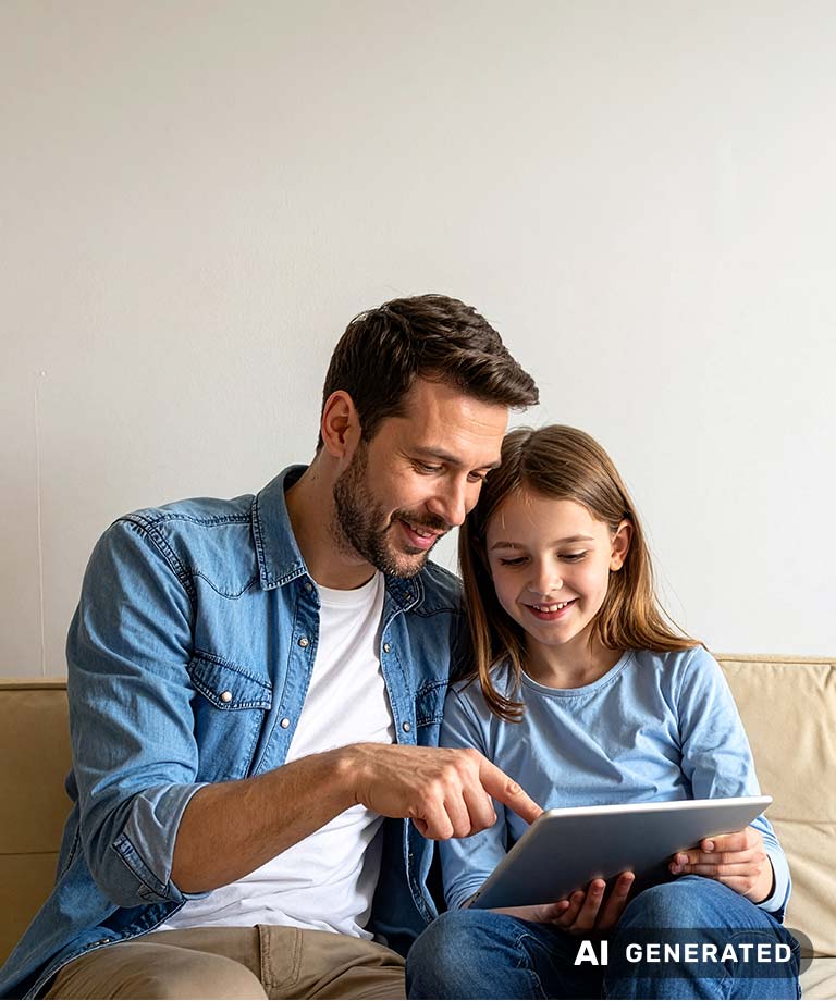 Vater und Tochter betrachten gemeinsam ein Tablet. Der Vater zeigt auf den Bildschirm, während die Tochter lächelt. (KI-generiertes Bild)