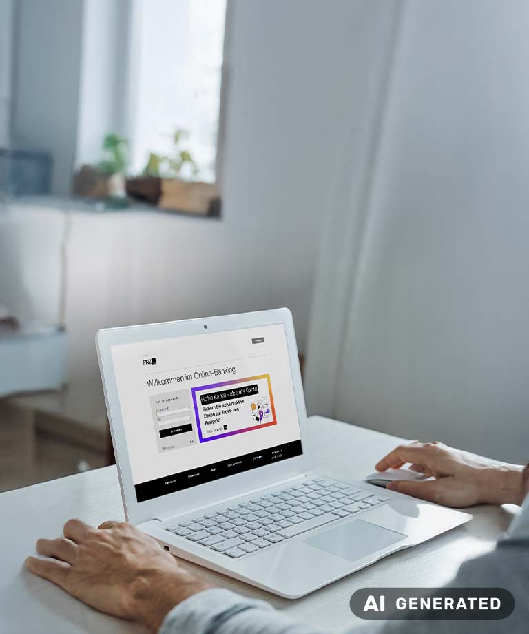 Mensch am Laptop mit Login-Seite der FNZ Bank auf dem Bildschirm (KI-generiertes Bild)