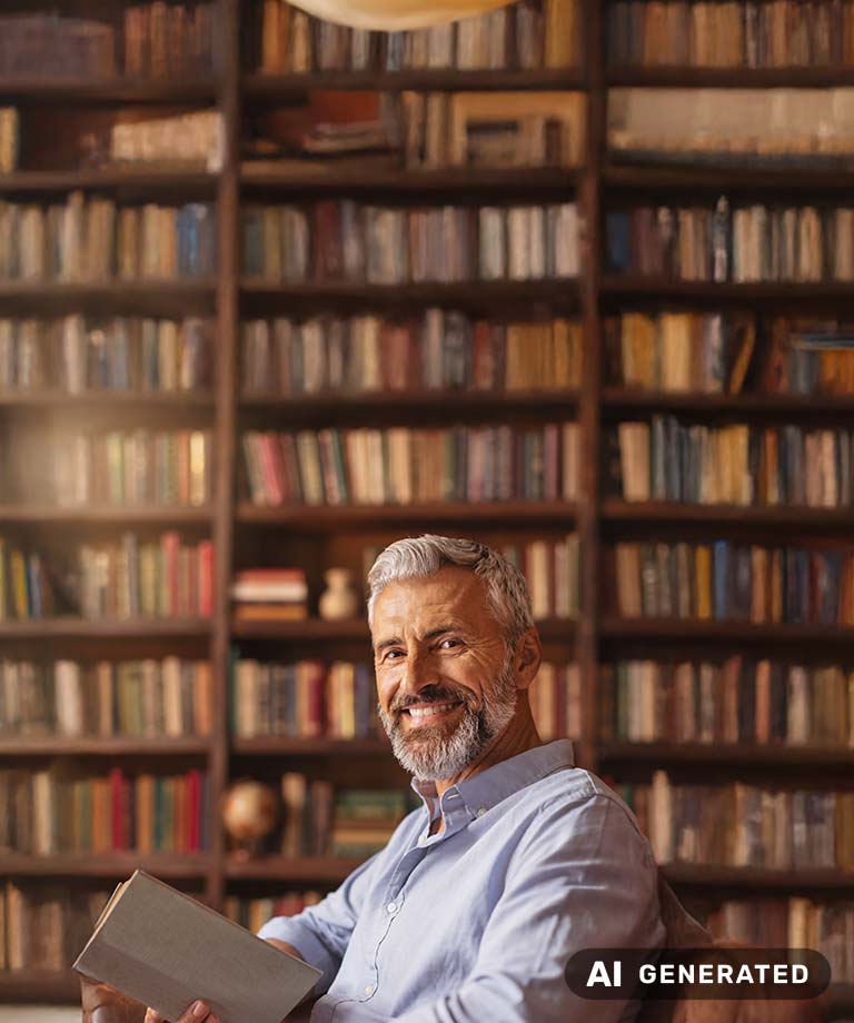 Mann mit Bart und Buch in der Hand lächelt, Bücherregal im Hintergrund (KI-generiertes Bild)