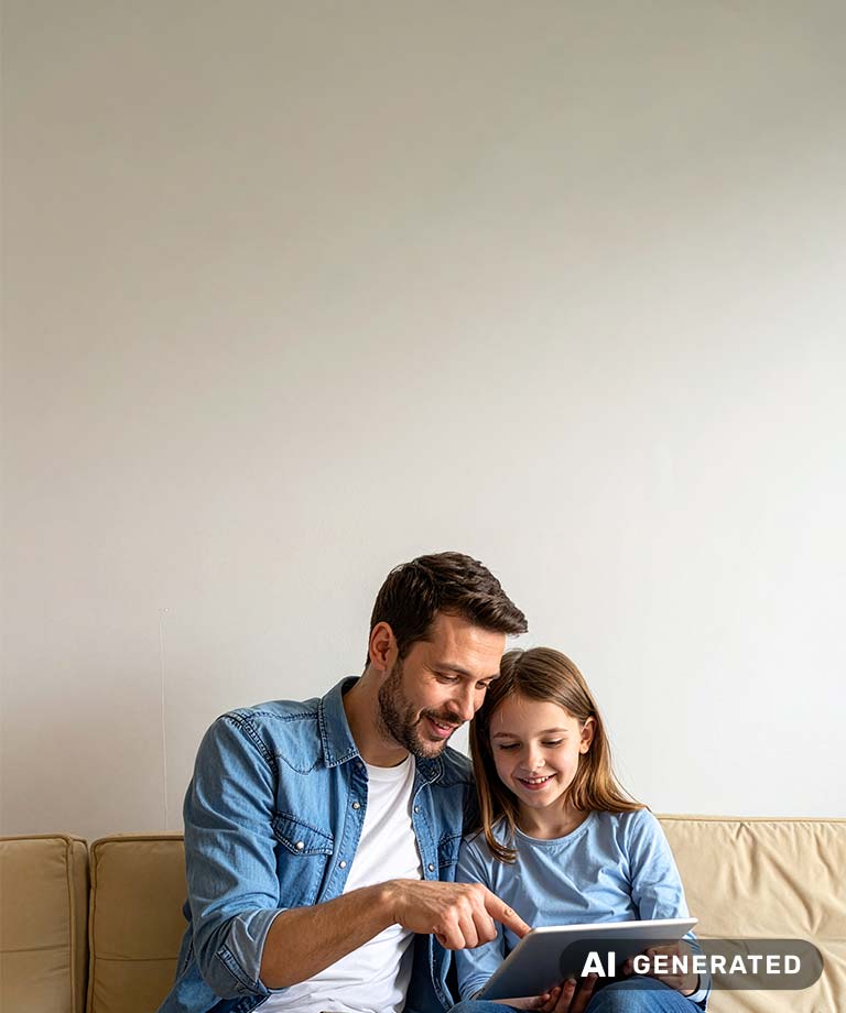 Vater und Tochter betrachten gemeinsam ein Tablet. Der Vater zeigt auf den Bildschirm, während die Tochter lächelt. (KI-generiertes Bild)