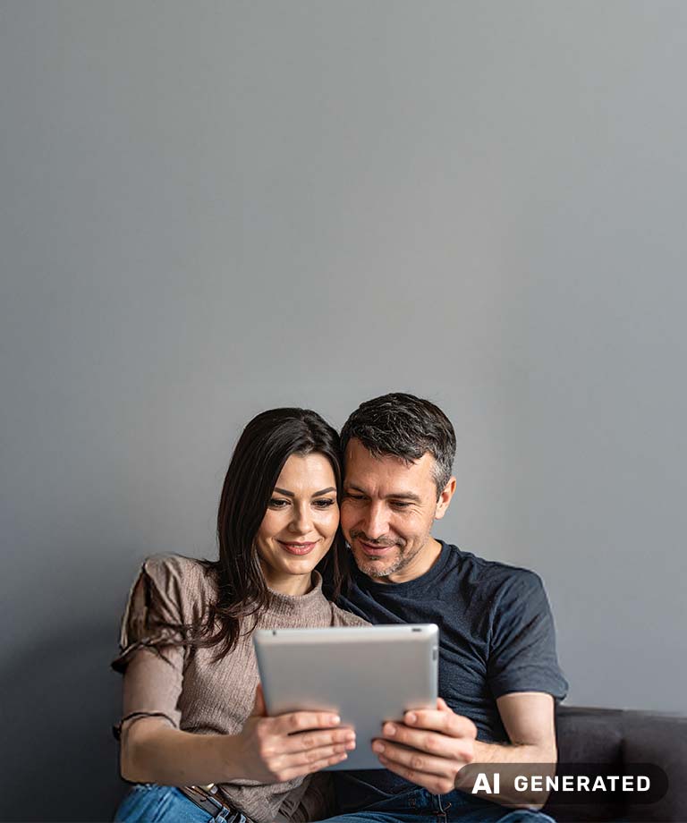 Lächelndes Paar betrachtet gemeinsam ein Tablet (KI-generiertes Bild)