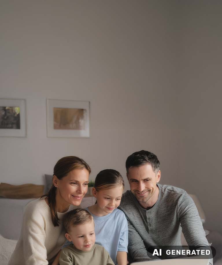 Eine Familie mit Tochter und Sohn betrachten gemeinsam lächelnd einen Laptop (KI-generiertes Bild)