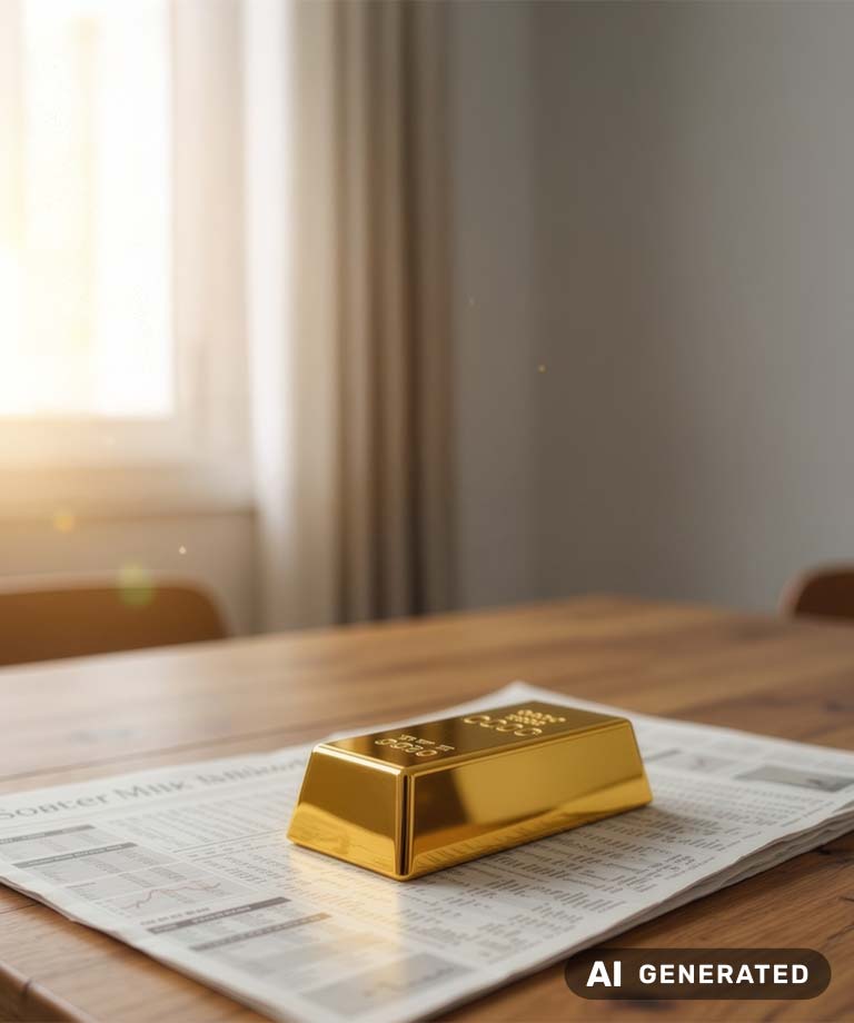 Goldbarren liegt auf einer Zeitung auf einem Tisch (KI-generiertes Bild)