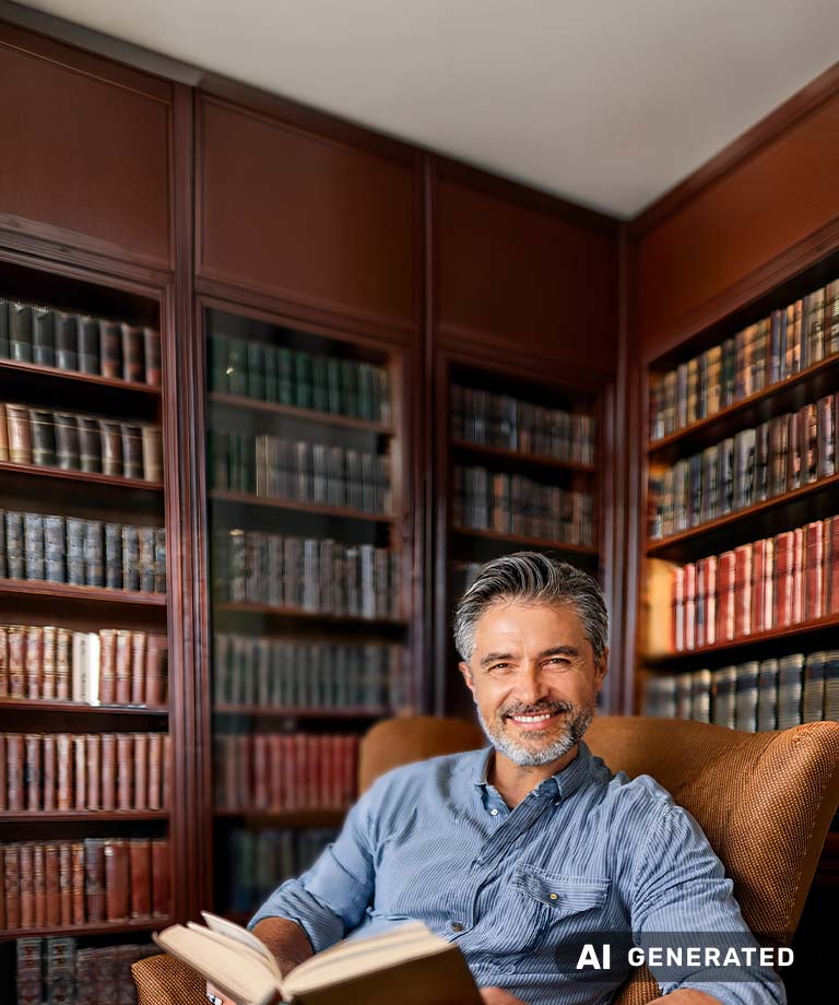 Mann mit Buch in der Hand sitzt vor einem Bücherregal und lächelt (KI-generiertes Bild)