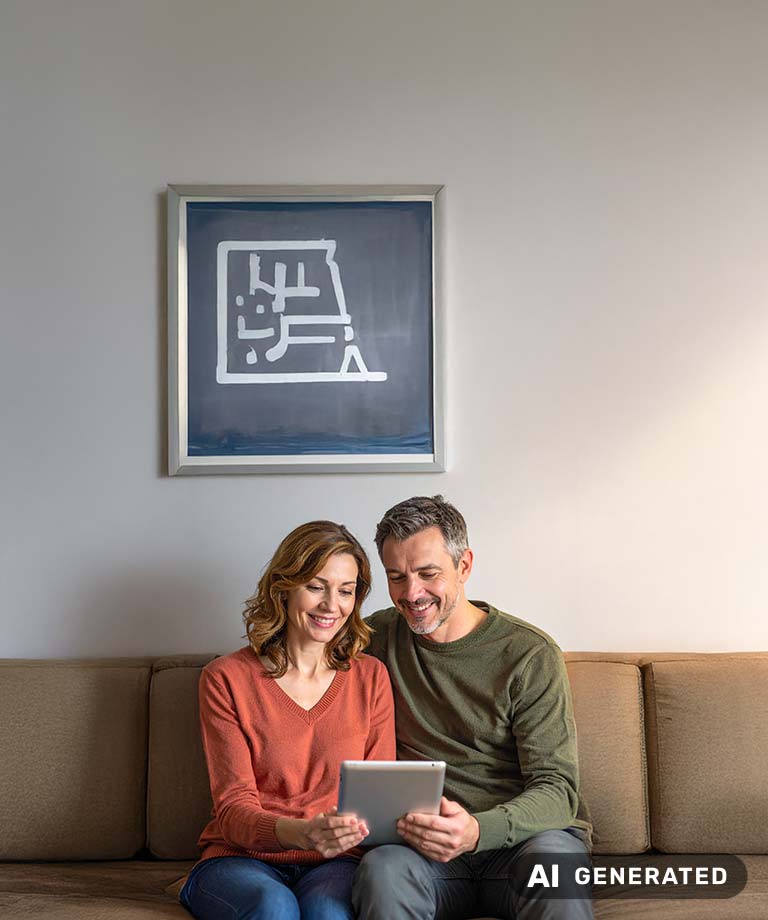 Zwei ältere Menschen schauen gemeinsam auf ein Tablet und lächeln dabei (KI-generiertes Bild)
